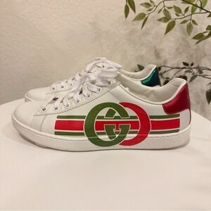 Authentic Gucci Women's New Ace Interlock Logo Print White Green Red Sneaker 36